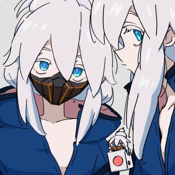 absurdres blue_eyes chibi colored_eyelashes commentary_request deux_murasame dice freckles grey_hair gundam gundam_gquuuuuux highres long_hair looking_at_viewer mask mecha_pilot_suit mouth_mask multiple_views normal_suit_(gundam) purple_pupils updo upper_body white_eyelashes xoo_(x)