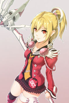 1girl black_sailor_collar black_shirt black_skirt black_thighhighs blonde_hair emilia_percival female_focus hair_between_eyes highres holding holding_weapon jacket long_hair looking_at_viewer miniskirt nandz necktie phantasy_star phantasy_star_online_2 phantasy_star_portable_2 pleated_skirt ponytail red_eyes red_jacket sailor_collar shirt side_ponytail simple_background skirt smile solo thigh_strap thighhighs weapon yellow_necktie