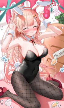 1girl absurdres animal_ear_hairband animal_ears armpits black_leotard black_pantyhose blonde_hair blush bow bowtie breasts bubble carrot carrot_hair_ornament cleavage closed_eyes closed_mouth collar commentary_request commission covered_navel detached_collar fake_animal_ears fake_tail fishnet_pantyhose fishnets food-themed_hair_ornament gradient_hair green_nails hair_ornament hairband high_heels highres large_breasts leotard long_hair momose_nina multicolored_hair nail_polish pantyhose pink_hair pixel_art_inset playboy_bunny ponytail project_nebula rabbit_ear_hairband rabbit_ears rabbit_hair_ornament rabbit_pose rabbit_tail red_nails red_shoes second-party_source shoes sitting skeb_commission solo strapless strapless_leotard tail thank_you virtual_youtuber wariza white_collar white_wrist_cuffs wrist_cuffs yam_(yamap_mako)