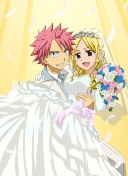 Rule 34 | 1boy, 1girl, bad id, bad pixiv id, blonde hair, bluesnowcat, blush, bouquet, brown eyes, carrying, couple, dress, fairy tail, feathers, flower, grin, hetero, lipstick, lucy heartfilia, makeup, natsu dragneel, pink hair, princess carry, smile, tiara, tuxedo, wedding dress