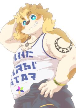 1boy animal_ears arm_tattoo arm_up blue_eyes blush clothes_around_waist colored_tips commentary_request dog_boy dog_ears floppy_ears furry furry_male grin hand_on_own_head highres hisaki_(live_a_hero) jacket jacket_around_waist live_a_hero looking_at_viewer male_focus multicolored_hair ottyo_kope smile tank_top tattoo white_background white_tank_top