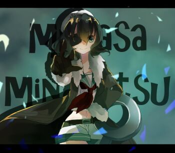 1girl black_gloves black_hair blue_background character_name closed_mouth coat commentary_request cowboy_shot eyepatch fur_coat gloves green_eyes grey_coat letterboxed looking_at_viewer medium_hair midriff murasa_minamitsu navel neckerchief one-hour_drawing_challenge open_clothes open_coat red_neckerchief shinjitsu_no_kuchi shorts smile solo touhou white_shorts