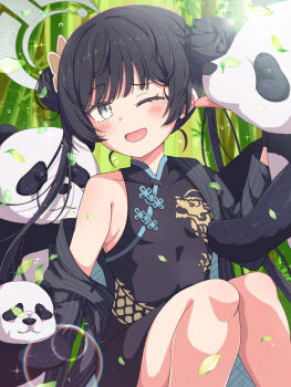 1girl black_hair blue_archive china_dress chinese_clothes commentary_request double_bun dress ear_licking hair_bun halo highres kisaki_(blue_archive) licking mikoshi_(user_wvyd4348) one_eye_closed panda twintails