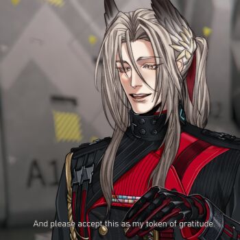 Rule 34 | 1boy, absurdres, arknights, arknights: endfield, black coat, black gloves, blurry, blurry background, brown eyes, coat, english text, gloves, hair between eyes, hand up, head wings, hellagur (arknights), highres, long hair, long sleeves, lyonya musor, male focus, open mouth, pogranichnik (arknights), smile, solo, upper body, white hair, wings