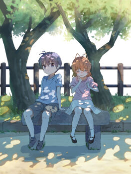 1boy 1girl absurdres aged_down antenna_hair blue_eyes blue_hair blue_shirt blush blush_stickers brown_hair child clannad clenched_hands closed_eyes closed_mouth commentary crying dappled_sunlight day emu_shido full_body furukawa_nagisa grey_shorts hair_between_eyes hands_up highres looking_at_another mary_janes medium_hair nose_blush okazaki_tomoya open_mouth outdoors park pink_shirt puffy_short_sleeves puffy_sleeves sad shirt shoes short_hair short_sleeves shorts side-by-side sitting skirt socks spiked_hair sunlight t-shirt white_skirt white_socks