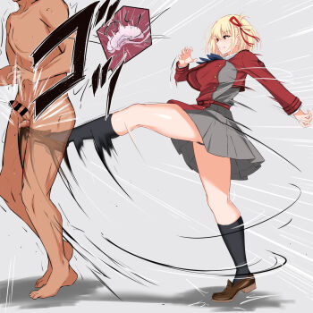 Rule 34 | 1boy, 1girl, ball busting, clothed female nude male, crotch kick, highres, lycoris recoil, nishikigi chisato, nude, watarase piro