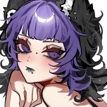 1girl animal_ear_fluff animal_ears black_hair black_lips blush bridge_piercing cat_ears face_piercing goth_fashion hair_ornament looking_at_viewer mouth_piercing nicoenvt piercing purple_eyes purple_hair short_hair skull_hair_ornament solo solo_focus wavy_hair