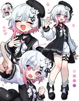 1girl \||/ belt beret black_belt black_choker black_dress black_hat black_shoes bloomers choker commentary_request dress fang flower flower_ornament gradient_hair hair_flower hair_ornament hat hat_flower highres magical_girl mahou_shoujo_no_majo_saiban multicolored_hair multiple_views open_mouth pink_eyes pointing ro/ku sakuraba_ema shirt shoes simple_background smile socks sweat thigh_strap underwear white_background white_flower white_hair white_shirt white_socks x_hair_ornament