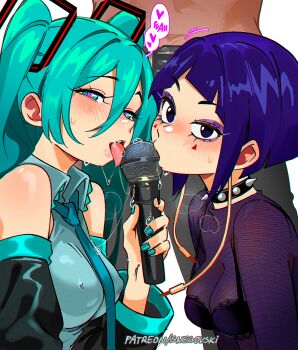 1boy 2girls aqua_eyes aqua_hair audio_jack black_eyes black_sleeves blue_hair blush boku_no_hero_academia breasts collar crossover detached_sleeves hatsune_miku highres holding holding_microphone jiro_kyoka long_earlobes looking_at_viewer medium_breasts microphone multiple_girls open_mouth patreon_username saliva sexually_suggestive short_hair snegovski spiked_collar spikes tongue tongue_out twintails vocaloid