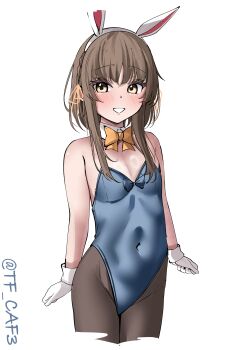 1girl absurdres alternate_costume animal_ear_hairband animal_ears black_pantyhose blue_leotard blush bow bowtie brown_eyes brown_hair commentary_request covered_navel cowboy_shot cropped_legs detached_collar fake_animal_ears gloves hair_ribbon hairband highres kantai_collection leotard long_hair long_sidelocks looking_at_viewer one-hour_drawing_challenge open_mouth orange_bow orange_bowtie orange_ribbon pantyhose playboy_bunny rabbit_ear_hairband rabbit_ears ribbon sidelocks simple_background smile solo standing strapless strapless_leotard tf_cafe twitter_username ukuru_(kancolle) white_background white_gloves white_hairband