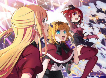 Rule 34 | 3girls, :3, arima kana, ascot, b-komachi (new), black bow, black gloves, black hat, black shoes, black skirt, blonde hair, blush, bow, cellphone, commentary request, demon horns, fake horns, frilled shorts, frills, gem, gloves, hat, horns, hoshino ruby, idol, idol clothes, jumping, looking at another, looking up, mem-cho, mini hat, multicolored hair, multiple girls, nyoro (nyoronyoro000), one side up, oshi no ko, phone, pink eyes, red eyes, red gem, red hair, red shirt, red socks, roots (hair), shirt, shoes, shorts, skirt, socks