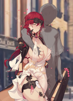 1boy 1girl arms_behind_back ass bdsm black_jacket blush bondage bound bound_arms breasts caisan condom condom_packet_strip condom_wrapper deep_skin dress grabbing_another's_breast groping heart heart-shaped_pupils hidden hidden_bondage himeko_(honkai:_star_rail) honkai:_star_rail honkai_(series) huge_breasts jacket lactation lactation_through_clothes large_breasts long_hair multiple_condoms open_clothes open_jacket open_mouth outdoors red_hair restrained see-through_clothes shibari smile stealth_bondage steam sweat symbol-shaped_pupils thick_thighs thighs used_condom white_dress x-ray yellow_eyes