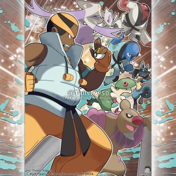 Rule 34 | artist name, belt, black belt, black hair, breloom, clenched hand, closed mouth, commentary, company name, conkeldurr, copyright notice, dark-skinned male, dark skin, dougi, english commentary, fangs, fingerless gloves, from side, gen 3 pokemon, gen 4 pokemon, gen 5 pokemon, gloves, holding, holding poke ball, instagram username, jacket, lucario, male focus, marshal (pokemon), merchandise available, mienshao, mouth guard, multicolored hair, multiple boys, nintendo, official style, open mouth, orange gloves, orange hair, orange pants, outline, pants, poke ball, pokemon, pokemon (creature), pokemon bw, popped collar, red eyes, red nose, sawk, short hair, sleeveless, sleeveless jacket, smile, teeth, throh, tom higgins, two-tone hair, ultra ball, very short hair, watermark, white jacket, white outline