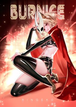 1girl :q bare_shoulders black_choker black_gloves black_skirt black_thighhighs black_tube_top blonde_hair breasts burnice_white cape character_name choker commentary cosplay crop_top elbow_gloves english_commentary fingerless_gloves fingernails gloves gold_shoes high_heels highres holding holding_mask hollow_knight hollow_knight:_silksong hornet_(hollow_knight) hornet_(hollow_knight)_(cosplay) large_breasts looking_at_viewer mask navel on_one_knee red_cape red_eyes ringeko-chan shoes short_hair short_twintails skirt solo squatting stomach strapless thighhighs tinted_eyewear tongue tongue_out tube_top twintails underboob zenless_zone_zero