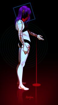 1girl absurdres barefoot black_panties bleeding blood bra clenched_hand colored_inner_hair commentary english_commentary faceless full_body highres injury kefilynn long_hair multicolored_hair no_pants no_shirt original outstretched_hand panties pool_of_blood purple_hair reflective_floor self-harm solo standing thigh_cutting underwear wedgie wrist_cutting