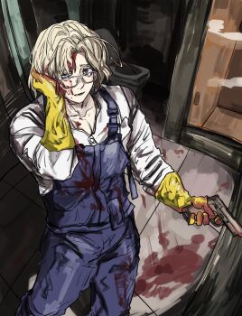 Rule 34 | 1boy, ahoge, axis powers hetalia, blonde hair, blood, blood in hair, blood on clothes, blood on face, blood on gloves, blood on ground, buttons, canada (hetalia), collarbone, cowboy shot, door, floor, glasses, gloves, grey-framed eyewear, gun, hand on own face, hand up, handgun, highres, holding, holding gun, holding weapon, implied murder, indoors, kiguchi05, long sleeves, looking at viewer, male focus, open mouth, overalls, pocket, purple eyes, purple overalls, rubber gloves, shirt, short hair, solo, standing, tearing up, teeth, toilet, weapon, white shirt, yellow gloves