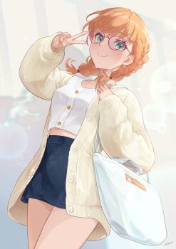 1girl absurdres alternate_hairstyle aqua_eyes arm_up bag birthday blurry blurry_background braid breasts cardigan closed_mouth collarbone denim denim_skirt from_below happy_birthday highres hinoshita_kaho kobassy light_blush lips looking_at_viewer looking_down love_live! love_live!_hasu_no_sora_jogakuin_school_idol_club medium_breasts medium_hair midriff_peek open_cardigan open_clothes orange_hair red-framed_eyewear shirt shoulder_bag signature skirt smile sparkle thighs twin_braids v v_over_face white_shirt