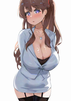 1girl arms_behind_back black_bra black_garter_straps black_thighhighs blush bra breasts brown_hair cleavage collarbone garter_straps heart heart-shaped_pupils heart_necklace highres jewelry large_breasts long_hair long_sleeves looking_at_viewer necklace open_mouth original pisagi purple_eyes sidelocks simple_background skirt solo standing symbol-shaped_pupils thighhighs underwear white-framed_eyewear white_background white_skirt