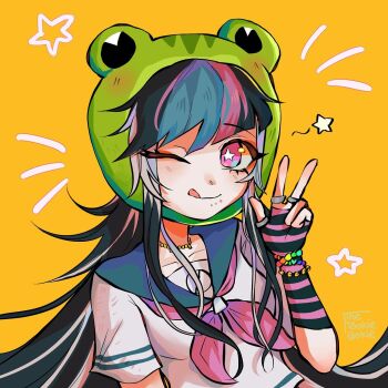 1girl ;q artist_name bead_bracelet beads black_hair blue_hair blue_sailor_collar blue_streaks bracelet bright_pupils collarbone collared_shirt commentary danganronpa_(series) danganronpa_2:_goodbye_despair elbow_gloves english_commentary face_piercing fingerless_gloves frog_hat gloves highres jewelry long_hair mioda_ibuki mouth_piercing multicolored_gloves multicolored_hair multiple_rings neckerchief necklace one_eye_closed piercing pink_eyes pink_hair pink_neckerchief pink_streaks ring sailor_collar shirt short_sleeves simple_background smile solo star-shaped_pupils star_(symbol) streaked_hair striped_clothes striped_gloves symbol-shaped_pupils thetookiecookie tongue tongue_out two-tone_gloves w white_hair white_pupils white_shirt yellow_background