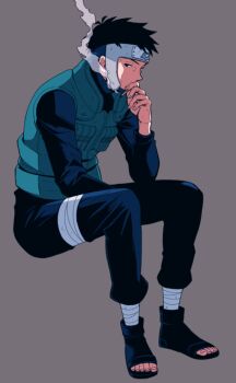 1boy black_eyes black_pants black_shirt cigarette flak_jacket forehead_protector full_body grey_background holding holding_cigarette invisible_chair jacket konohagakure_symbol looking_at_viewer male_focus naruto_(series) naruto_shippuuden open-toe_shoes pants sameccor shirt short_hair sitting smoke smoking solo yamato_(naruto)