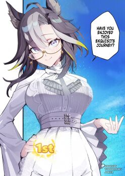 1girl alternate_breast_size_(larger) alternate_costume animal_ears black_hair blue_eyes blush bow bowtie breasts commentary dream_journey_(snow-white_dreamland)_(umamusume) dream_journey_(umamusume) dress english_commentary flower glasses hair_flower hair_ornament hand_on_own_hip highres horse_ears horse_girl large_breasts long_hair looking_at_viewer multicolored_hair official_alternate_costume simple_background smile solo speech_bubble streaked_hair tomorrowsjoker umamusume very_long_hair white_background white_dress white_streaks