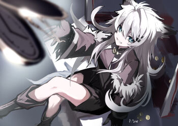 1girl absurdres animal_ears arknights black_boots black_dress black_gloves blue_eyes blurry blurry_background boots bright_pupils commentary crossed_legs depth_of_field dress feet_out_of_frame from_above fur-trimmed_dress fur_trim gloves grin hair_between_eyes highres knee_boots lappland_(arknights) lappland_(refined_horrormare)_(arknights) long_hair long_sleeves official_alternate_costume pocket_watch sigma_zan sitting smile solo watch white_hair white_pupils wolf_ears wolf_girl