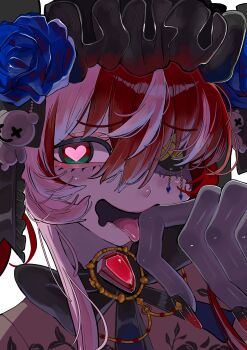 1girl absurdres black_bow black_hat black_nails blue_flower blue_rose bow colored_skin commentary drooling english_commentary eyepatch fingernails flower frills goth_fashion gothic_lolita gradient_eyes gradient_nails green_eyes grey_skin hair_between_eyes hair_flower hair_ornament hat heart heart-shaped_pupils highres hololive hololive_indonesia jewelry kureiji_ollie kureiji_ollie_(scarlet_moonlight_embrace) licking licking_finger lolita_fashion long_fingernails looking_at_viewer mouth_drool multicolored_eyes multicolored_hair multicolored_nails nail_polish official_alternate_costume one_eye_closed open_mouth pink_streaks red_eyes red_hair red_nails rose solo symbol-shaped_pupils tongue tongue_out udin_(kureiji_ollie) virtual_youtuber white_hair yuuppi zombie