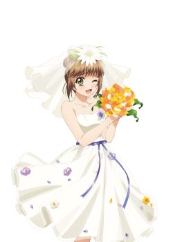 Rule 34 | 1girl, artist request, bare shoulders, blue ribbon, blush, bouquet, breasts, bridal veil, brown hair, cowboy shot, dress, flower, game cg, green eyes, hair flower, hair ornament, holding, holding bouquet, leia rolando, looking at viewer, medium breasts, official alternate costume, official art, one eye closed, open mouth, orange flower, ribbon, short hair, smile, solo, tales of (series), tales of asteria, third-party source, transparent background, veil, wedding dress, white dress, yellow flower