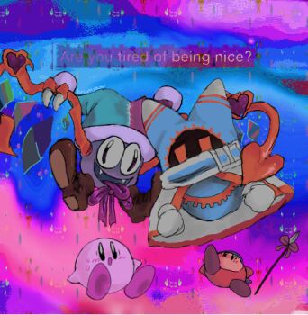 Rule 34 | abstract background, are you tired of being nice? (meme), bandana, bandana waddle dee, blue bandana, bow, bowtie, brown shoes, colored skin, fangs, hat, heart, jester cap, kirby, kirby (series), lowres, magolor, marx (kirby), meme, nintendo, no humans, open mouth, pink skin, polearm, pom pom (clothes), rayman limbs, red bow, red bowtie, shoes, spear, sugarmenu, sweat, tongue, tongue out, weapon, yellow eyes