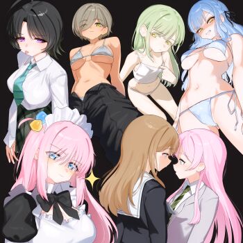 6+girls absurdres ahoge awa_subaru bang_dream! bang_dream!_it's_mygo!!!!! bikini black_hair black_pants black_ribbon black_shirt blue_bikini blue_eyes blue_hair blue_necktie bocchi_the_rock! breasts camisole chihaya_anon commentary cube_hair_ornament diagonal-striped_clothes diagonal-striped_necktie eltir flat_chest genre_connection girls_band_cry gotoh_hitori green_hair green_necktie grey_bikini grey_jacket grey_skirt hair_between_eyes hair_ornament hair_ribbon haneoka_school_uniform highres jacket large_breasts long_hair long_hair_between_eyes looking_at_viewer maid medium_breasts mole mole_under_eye multiple_girls nagasaki_soyo necktie official_alternate_hair_length official_alternate_hairstyle one_side_up open_mouth pants parted_bangs pink_hair purple_eyes ribbon rupa_(girls_band_cry) school_uniform shirt short_hair simple_background skirt striped_clothes swimsuit togawa_sakiko tongue tongue_out transparent_background tsukinomori_school_uniform underboob wakaba_mutsumi white_camisole white_shirt yellow_eyes yuri