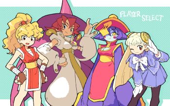 Rule 34 | 4girls, bare shoulders, belt, black pantyhose, blonde hair, blue skin, blush, bodysuit, bow, breasts, brown eyes, buttons, capcom fighting jam, capcom vs. snk 2, cape, chinese clothes, claw (weapon), cleavage, cleavage cutout, clothing cutout, colored skin, darkstalkers, detached sleeves, dress, final fight, genryuusai maki, gloves, green background, hair between eyes, hair ornament, hair spread out, hairpods, hand on own hip, hat, highres, hsien-ko, ingrid (capcom), japanese clothes, jewelry, jiangshi, large breasts, long hair, long sleeves, looking at viewer, mary janes, medium breasts, mei-ling (darkstalkers), multiple girls, ninja, ofuda, orange eyes, pants, pantyhose, pelvic curtain, pendant, pink dress, pink hat, polka dot, polka dot background, ponytail, purple cape, purple eyes, purple hair, purple pants, qingdai guanmao, red eyes, red hair, sash, shoes, short hair, skin tight, skirt, smile, solo, spdcooler, standing, street fighter, tabasa, talisman, tonfa, upper body, very long hair, warzard, weapon, white background, white bodysuit, white bow, white gloves, white hair, witch, witch hat, yellow belt