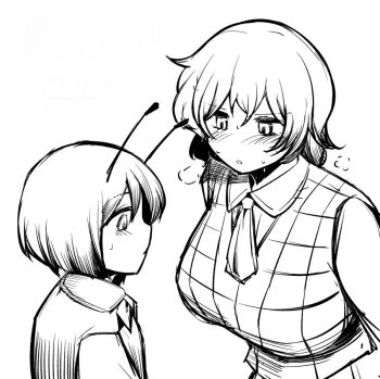Rule 34 | 2girls, androgynous, antennae, ascot, blush, breasts, commentary request, gingham vest (clothing), greyscale, kazami yuuka, large breasts, looking at another, looking at breasts, monochrome, multiple girls, open mouth, sadahiro (chicken nugget gyuuniku aji), shirt, short hair, simple background, touhou, upper body, vest, wriggle nightbug