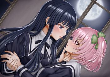 2girls assault_lily black_hair black_ribbon blush breasts buttons commentary_request cropped_jacket dutch_angle eye_contact face-to-face fingernails from_side full_moon hand_on_another's_chin hand_up hands_up highres hitotsuyanagi_riri holding_hands imai_tomohiro indoors jewelry juliet_sleeves long_hair long_sleeves looking_at_another medium_breasts moon multiple_girls neck_ribbon night parted_lips pink_eyes pink_hair profile puffy_sleeves purple_eyes ribbon ring school_uniform shirai_yuyu shirt short_hair sidelocks upper_body white_shirt window yuri yurigaoka_girls_academy_school_uniform