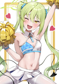1girl absurdres alternate_costume armpits bare_shoulders blue_archive blue_skirt breasts cheerleader commentary demon_tail fang green_hair hair_ornament hair_scrunchie halo head_tilt heart highres long_hair millennium_cheerleader_outfit_(blue_archive) navel nozomi_(blue_archive) open_mouth pantyhose pleated_skirt pointy_ears pom_pom_(cheerleading) scrunchie skin_fang skirt small_breasts smile solo stomach tail thighband_pantyhose twintails two-tone_skirt ureizu very_long_hair white_pantyhose white_skirt wristband yellow_eyes