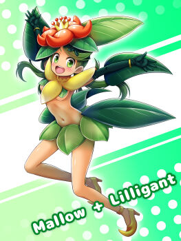 1girl absurdres bluebird_(bluebird90) breasts character_name commentary_request cosplay dark-skinned_female dark_skin full_body gen_5_pokemon green_background green_eyes green_hair highres leaf lilligant lilligant_(cosplay) looking_at_viewer mallow_(pokemon) navel nintendo pokemon pokemon_sm smile solo teeth underboob upper_teeth_only