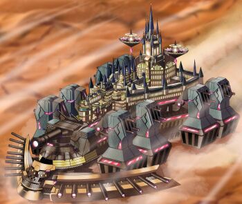 absurdres building cannon commission commissioner_upload desert duel_monster dust fortress goldilocks_the_battle_landscraper has_bad_revision has_watermarked_revision highres landship machine md5_mismatch mechanical_legs no_humans palace rocket_launcher sandstorm saraki_yukata spire vehicle_focus wall weapon yu-gi-oh!