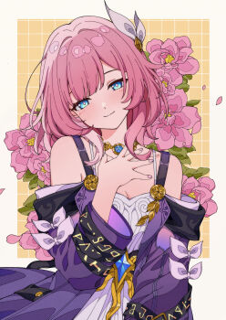 1girl absurdres bare_shoulders border breasts chinese_commentary cleavage coat commentary_request cyrene_(aedes_elysiae)_(honkai:_star_rail) cyrene_(honkai:_star_rail) dress flower hair_ornament highres honkai:_star_rail honkai_(series) multicolored_hair neck orange_background pink_flower pink_hair purple_coat ruogong_qingyue short_hair smile solo two-tone_hair white_border white_dress white_hair