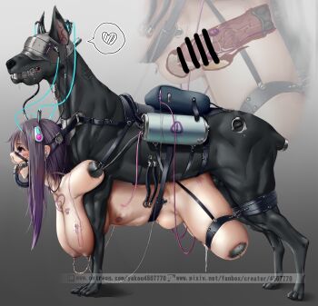 1girl amputee animal animal_penis bad_id bad_pixiv_id bag bar_censor bdsm belly_riding bestiality black_eyes bladder blindfold body_modification bondage bound breast_tattoo breasts carrying censored cross-section cum cum_in_pussy curvy cyborg dog dog_penis earbuds earphones ejaculation electrostimulation empty_eyes from_side full_body gradient_background grey_background hanging_breasts harness highres hose internal_cumshot large_breasts mind_control nude original paw_print paw_tattoo penis purple_hair pussy_juice quadruple_amputee scar simple_background slave slave_tattoo spitroast stomach_bulge tattoo uterus vaginal wire yakou_(4507770)