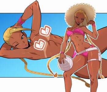 Rule 34 | 1girl, ball, bikini, blonde hair, bracelet, braid, cammy white, censored, commentary, english commentary, hat, heart, holding, holding ball, jewelry, kukumomo, lips, official alternate costume, one eye closed, outline, pink bikini, simple background, solo, straw hat, street fighter, swimsuit, tan, tanline, thigh strap, twin braids, upper body, volleyball, white outline