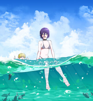 1girl barefoot bikini black_choker blonde_hair blush breasts chainsaw_man choker cloud cloudy_sky collarbone commentary day denji_(chainsaw_man) fish full_body green_eyes grey_bikini hair_between_eyes highleg highleg_bikini highres horizon long_hair_between_eyes moti1250 navel ocean open_mouth partially_underwater_shot purple_hair reze_(chainsaw_man) short_hair sitting sky small_breasts smile soaking_feet string_bikini surfboard swimming swimsuit yellow_eyes