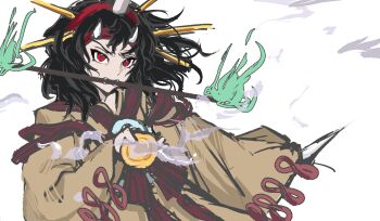 Rule 34 | 1other, absurdres, androgynous, angry, black hair, bow, bowl, bowtie, brooch, brown kimono, chinese commentary, commentary request, cowboy shot, dagger, demon horns, fake horns, fangs, fire, floating hair, furrowed brow, hair ornament, hairband, hairpin, headband, highres, holding, holding bowl, holding dagger, holding knife, holding weapon, horns, japanese clothes, jewelry, kimono, knife, len'en, long hair, long sleeves, looking at viewer, mouth guard, multiple hairpins, other focus, otogisum3, red bow, red bowtie, red eyes, red hairband, red headband, red ribbon, ribbon, simple background, sleeve ribbon, sleeves past fingers, sleeves past wrists, slit pupils, smoke, solo, striped bow, striped bowtie, striped clothes, taira no chouki, weapon, white background, white horns, wide sleeves