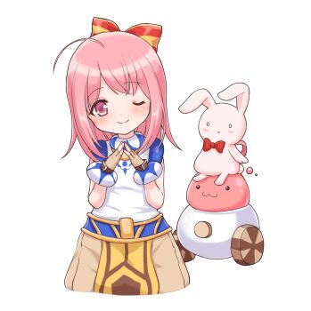 1girl :3 ahoge blue_shirt blush bow brown_gloves brown_shorts closed_mouth commentary_request cowboy_shot fingerless_gloves flat_chest gloves hair_bow highres kuma_king looking_at_viewer medium_hair one_eye_closed pink_eyes pink_hair poring pullcart ragnarok_online red_bow shirt shorts simple_background sleeveless sleeveless_shirt slime_(creature) smile solo steepled_fingers stuffed_animal stuffed_rabbit stuffed_toy super_novice_(ragnarok_online) transparent_background turtleneck turtleneck_shirt two-tone_shirt white_shirt