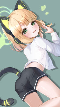 1girl :d absurdres animal_ear_headphones animal_ears ass black_shorts blonde_hair blue_archive blunt_bangs blush bow cat_ear_headphones cat_ears cat_tail colored_eyelashes commentary drop_shadow dutch_angle fake_animal_ears fake_tail feet_out_of_frame from_behind green_background green_bow green_eyes green_halo haha_itsmela hair_bow halo hand_up headphones highres long_sleeves looking_at_viewer looking_back medium_hair midori_(blue_archive) midriff open_mouth shirt shorts sidelocks simple_background smile solo straight_hair tail thighs white_shirt