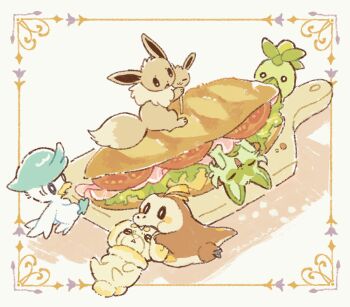 brown_fur chibi eevee fidough food fuecoco gen_1_pokemon green_fur nintendo no_humans pokemon pokemon_(creature) quaxly sandwich smoliv sprigatito two-tone_fur yellow_fur yurano_(upao)