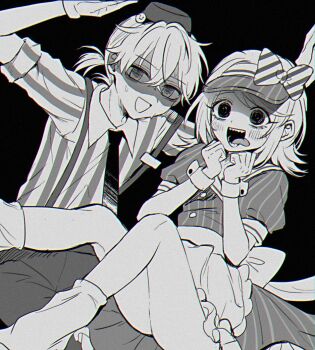 1boy 1girl 801_9yo @_@ apron black_eyes black_mouth bow clenched_hands crazy dress empty_eyes false_smile gloves greyscale hat kagamine_len kagamine_rin looking_at_viewer medium_hair mesmerizer_(vocaloid) mind_control monochrome necktie open_mouth own_hands_together pants pinstripe_dress pinstripe_hat pinstripe_pattern ponytail shaded_face sharp_teeth shirt short_ponytail short_sleeves smile smiley_hair_ornament squiggle_eyes striped_clothes striped_shirt suspenders sweatdrop swept_bangs teeth visor_cap vocaloid waist_apron