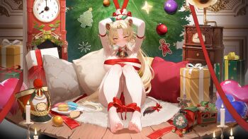 1girl absurdres animal_ears armpits artist_request barefoot bell blonde_hair blush bow box breasts candle christmas_ornaments clock closed_mouth commentary_request earrings echocalypse food gift gift_box highres jewelry lion_ears lion_girl lion_tail long_hair macaron naked_ribbon neck_bell pillow red_bow ribbon shadow shu_(echocalypse) solo tail tail_bow tail_ornament yellow_bow yellow_eyes