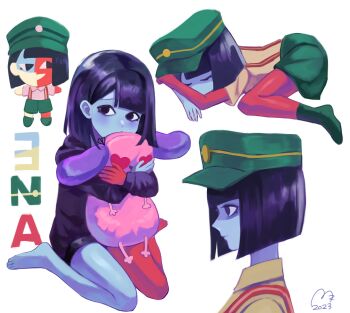 2girls alternate_costume black_hair blue_blush blue_skin blunt_bangs blunt_ends bob_cut character_doll chibi colored_blush colored_skin doll ena:_dream_bbq ena_(dream_bbq) ena_(series) ena_(species) green_hat hangover_ena hat highres mezo_(usagimarumei) multicolored_skin multiple_girls open_mouth red_skin salesperson_ena shirt short_sleeves shorts simple_background sitting sleeping smile split-color_skin stuffed_animal stuffed_toy suspender_shorts suspenders two-tone_skin usagimarumei wariza