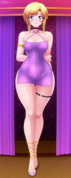 1girl 2026 20s arm_behind_back armlet blonde_hair blue_eyes blush breasts choker cleavage collarbone criss-cross_halter curtains dress eyeshadow halterneck happy_new_year heart holding_own_arm jewelry kaori_shiruko looking_at_viewer makeup medium_breasts nail_polish new_year original purple_dress purple_eyeshadow purple_nails purple_sandals sandals short_hair sleeveless sleeveless_dress smile standing thigh_strap wide_hips yukino_memories zel-sama