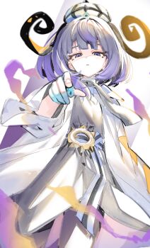 1girl belt belt_buckle black_dress black_ribbon blue_gloves bob_cut buckle coat commentary_request dress eyelashes gloves gwynn_(pokemon) half-closed_eyes hat highres long_sleeves looking_at_viewer nintendo o-ring o-ring_belt open_clothes open_coat parted_lips partially_fingerless_gloves pokemon pokemon_legends:_z-a purple_eyes purple_hair ribbon short_hair shuri_(84k) solo twitter_username white_coat