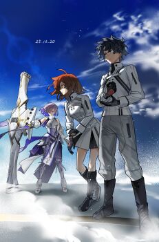 1boy 2girls absurdres armor armored_boots black_boots black_gloves black_hair blue_eyes boots command_spell commentary_request dated dress fate/grand_order fate_(series) fujimaru_ritsuka_(female) fujimaru_ritsuka_(female)_(decisive_battle_chaldea_uniform) fujimaru_ritsuka_(male) fujimaru_ritsuka_(male)_(decisive_battle_chaldea_uniform) gloves hair_over_one_eye highres holding holding_shield lens_flare mash_kyrielight mash_kyrielight_(paladin) multiple_girls orange_eyes orange_hair purple_eyes purple_hair shield upou white_dress wind